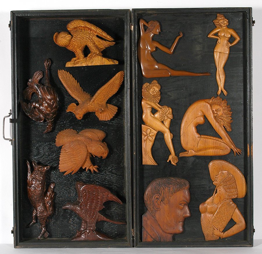 Philip Chabot. Birds & Women.: Philip Chabot. Birds Of Prey & Women That Play. c. 1950’s. 12 carved birds and nudes attached to homemade wooden hinged box. Excellent condition. 36” x 18”h closed box. Est. $1,000-2,000. Ship: 