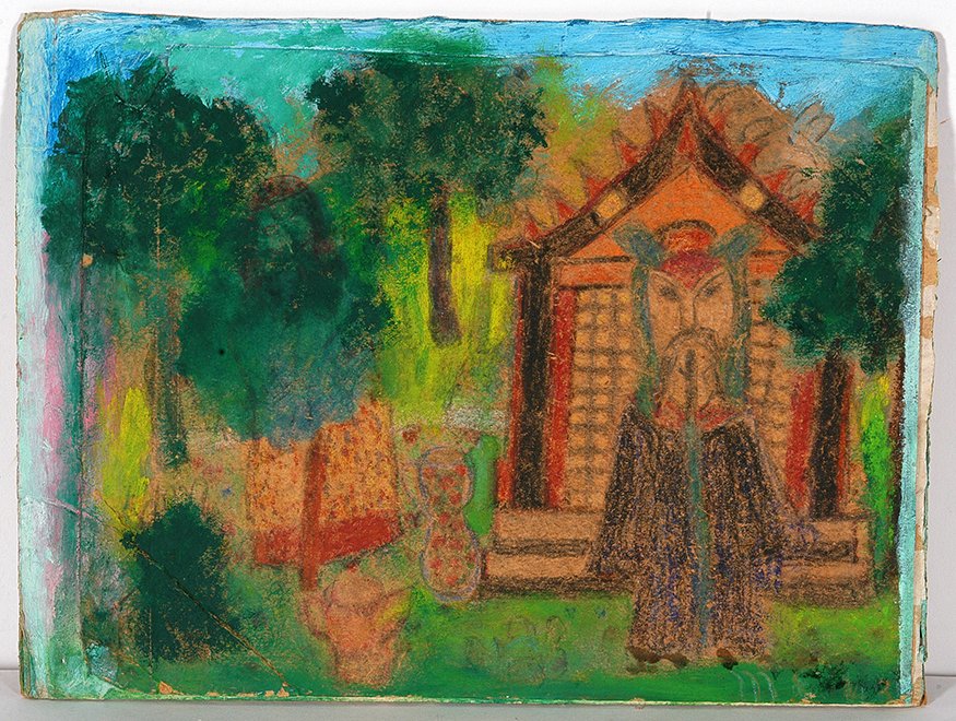 Minnie Evans. Asian Garden.: Minnie Evans. Asian Garden. c. 1947. Intialed lower right. Mixed media on cardboard collage. (Note: Minnie collaged extra paper and expanded the piece a little after seeing an art exhibition and decid