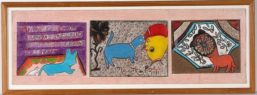 Nellie Mae Rowe. Tryptic w Cat & Dog.: Nellie Mae Rowe. Tryptic With Cat and Dog.1981. Signed and dated. Each image is 10” x 8” and mounted by artist on larger piece. All are colored pencil and crayon on cardstock. Image is 32” w x 1