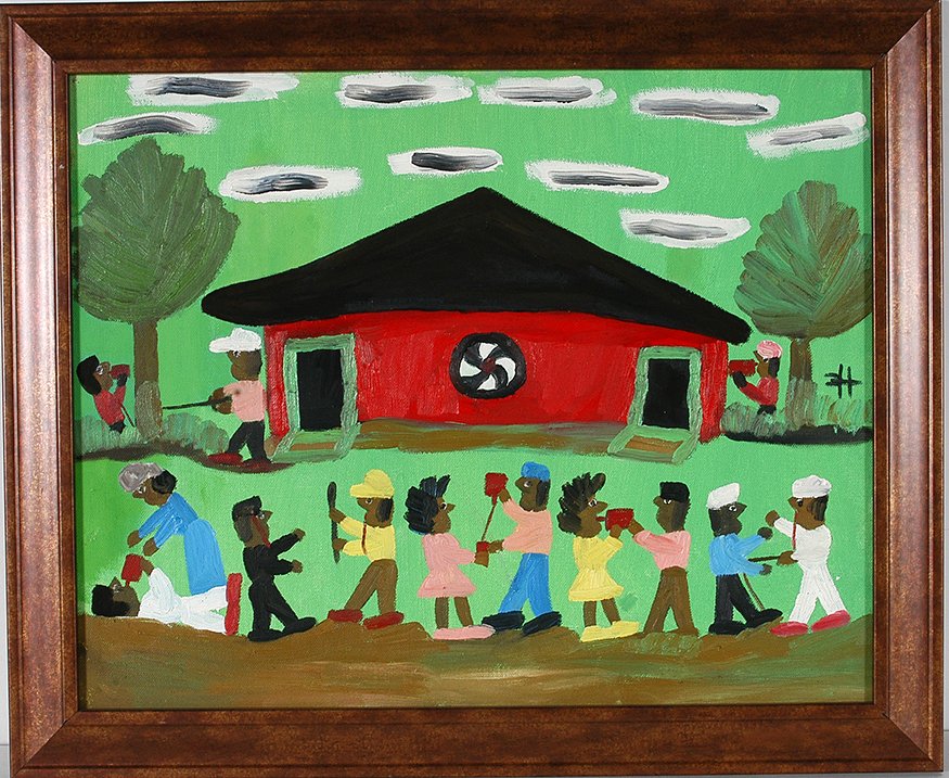 Clementine Hunter. Sat. Night Juke Joint.: Clementine Hunter. Saturday Night Juke Joint. c. 1960’s. Monogrammed middle right. Oil on canvas panel. Excellent condition. Image is 20” w x 16” h. Frame is 23” w x 19”h. Est. $3,000-4,000.