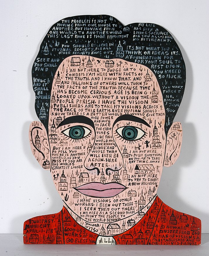 Howard Finster. Howard In 1950.: Howard Finster. Howard In 1950, Self Portrait, #6,453. 1987. Signed, dated and numbered. Paint on cut out panel. Environmental piece with original nail holes, otherwise great condition. 19” w x 24��
