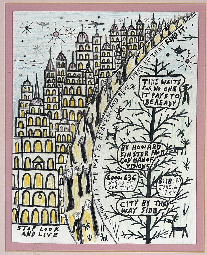 Howard Finster. City By Wayside.: Howard Finster. City By The Wayside, #6,636. 1987. Colored pencil and marker on paper. Excellent condition. Image is 8” w x 10” h. Frame is 14” w x 16”h. Est. $500-800. Est. $45