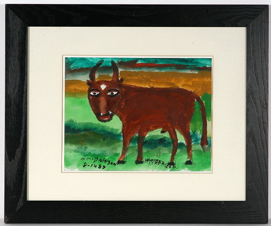William Dawson. Brown Bull.: William Dawson. Brown Bull. 1989. Signed and dated. Watercolor on paper. Excellent condition. Image is 13” w x 10”h. Frame is 23” w x 20”h. Est. $800-1,200. Ship: $55