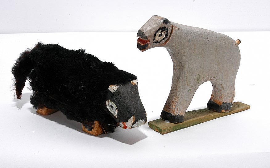 William Dawson. Two Animals.: William Dawson. Two Animals. 1984. Signed and dated. Carved and painted wood with faux fur. Excellent condition. Tallest is 6”h. Est. $200-300. Ship: $35