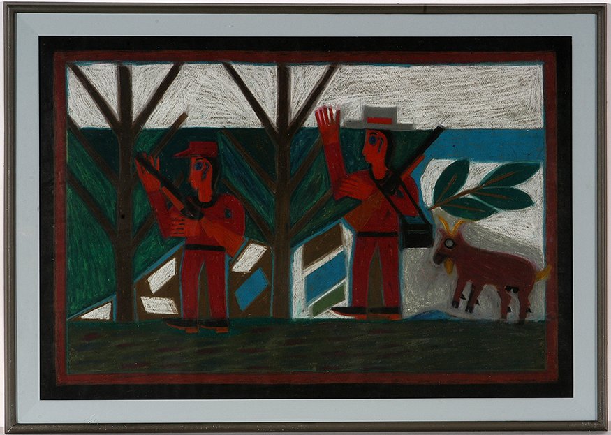 Eddie Arning. Scene Of Goat Hunt.: Eddie Arning. Scene Of Goat Hunt, #1642. Includes original source material. Craypas on paper. Excellent condition. Rare find with article. Image is 31”w x 21.5”h. Frame is 35” w x 25”h. A Slot