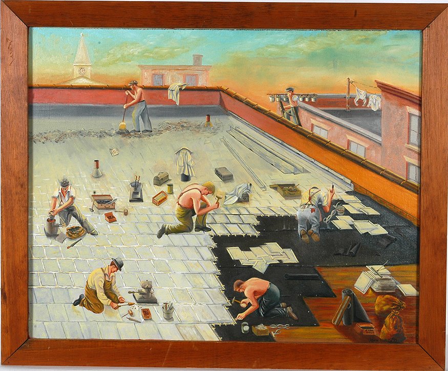 John Niro. Installing A Tin Roof.: John Niro. Installing A Tin Roof. 1979. Signed and dated. Oil on canvas. Excellent condition. Size with frame is 34” w x 28”h. Provenance: The Fenimore Art Museum, Cooperstown, NY. Est. $1,000-1,5