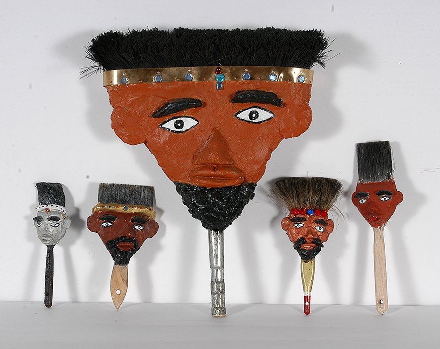 Mr. Imagination. Brush Heads.: Mr. Imagination. Broom and Brush Heads. 1998-2000. All are signed and dated. Mixed media on brushes. Excellent condition. Largest is 20”h x 15”w. Est. $1,000-2,000. Ship: $85