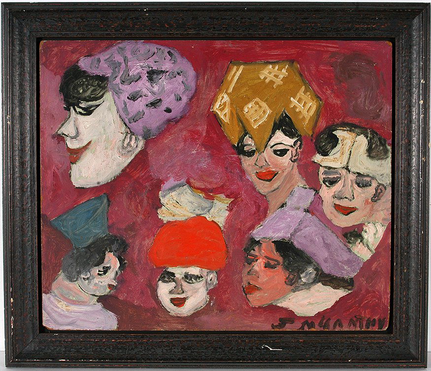 Justin McCarthy. Six Faces.: Justin McCarthy. Six Faces. Signed. Not dated. Paint on found masonite. Missing corner, otherwise great condition. Image is 24” w x 18.5” h. Frame is 27” w x 23”h. Est. $1,000-2,000. Ship: $75