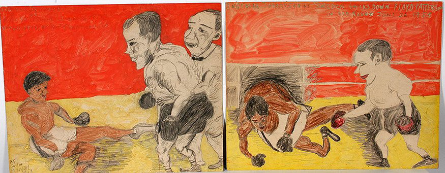 Justin McCarthy. Ingemar Johansson.: Justin McCarthy. Ingemar Johansson of Sweden Knocks Down Floyd Patterson. 1959. Pair. Signed, dated and titled. Watercolor, graphite and crayon on poster. Excellent condition. Each work is 28”w x 22