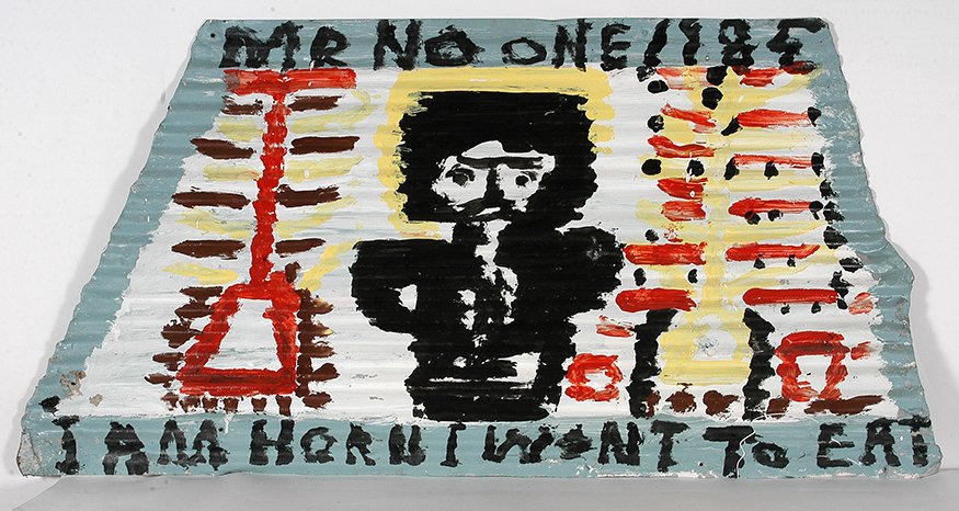 Mary T. Smith. Mr. No One.: Mary T. Smith. Mr. No One. 1985. Signed, dated and titled. Paint on corrugated tin. Some environmental wear with loss of paint, otherwise great condition. 44” w x 26” h. Est. $1,000-1,500. Ship: $