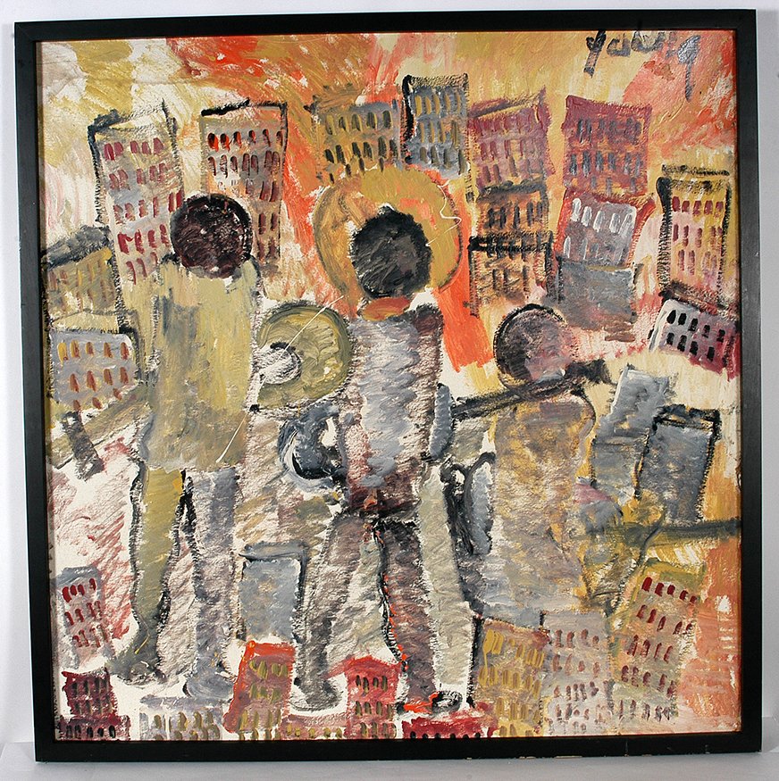 Purvis Young. Rock Band In City.: Purvis Young. Rock Band In The City. Signed. Not dated. Paint on paperboard. Excellent condition. Size with frame is 49” x 49”. Est. $1,000-2,000. Buyer is responsible for shipping.