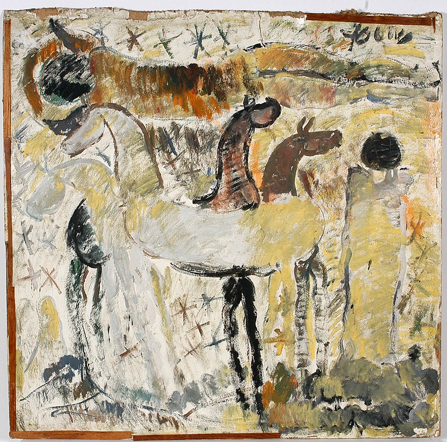 Purvis Young. Three Horses.: Purvis Young. Three Horses. Signed. Paint on found paper board. Great condition. 47” x 47”. Est. $2,000-3,000. Ship: $300