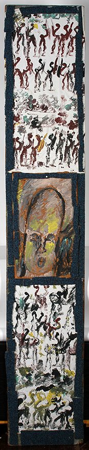 Purvis Young. Portrait In Center.: Purvis Young. Portrait In Center With Lower & Upper Horses. Paint on found cloth and wood construction. Excellent condition. 17”w x 96”h. Est. $1,000-2,000. Buyer is responsible for shipping.