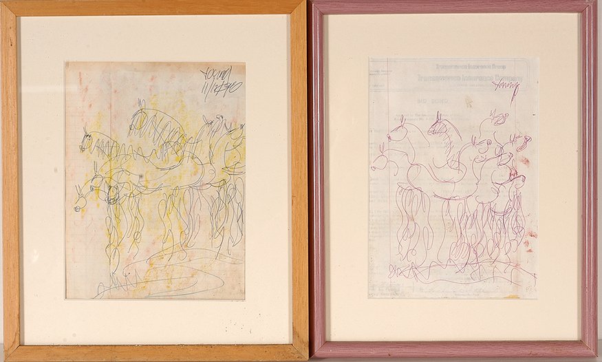 Purvis Young. Horse Drawings.: Purvis Young. Pair of Horse Drawings. 1996. Signed. Ink on found paper. Excellent condition. Average size with frame is 13” x 15” h. Est. $300-500. Ship: $45