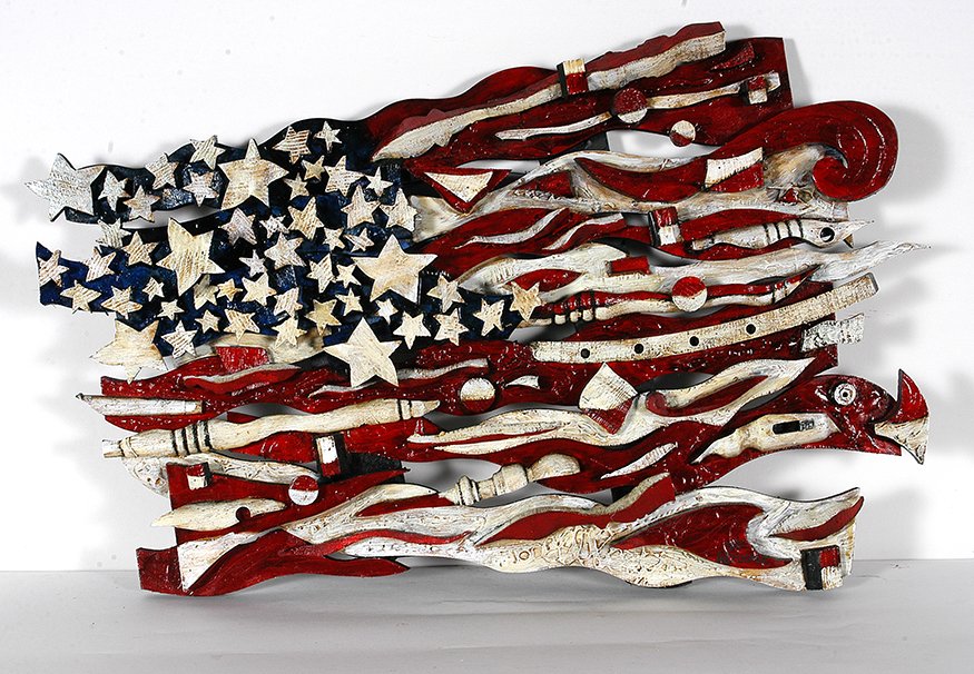Ab The Flagman. American Flag.: Ab The Flagman. American Flag. Not signed or dated. Paint on assembled wood scraps. Excellent condition. 33”w x 21”h x 3” d. Est. $500-800. Ship: $85