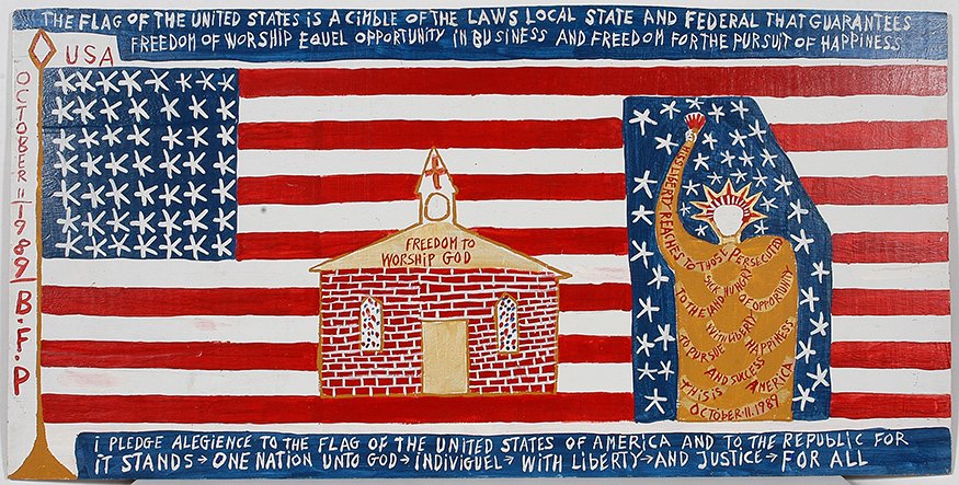 B.F. Perkins. Flag With Church.: B.F. Perkins. Flag With Church & Statue Of Liberty. 1989. Signed and dated. Paint on board. Excellent condition. 60” w x 30”h. Est. $1,000-2,000. Buyer is responsible for shipping.