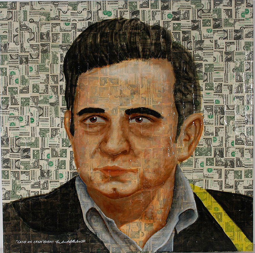 Fred Reber. Cash On Cash.: Fred Reber. Cash On Cash. 2011. Signed and dated. Acrylic and oil covered in archival clear tar gel over cut dollar bills over canvas. Excellent condition. 30” x 30”. Est. $600-900. Ship: $85