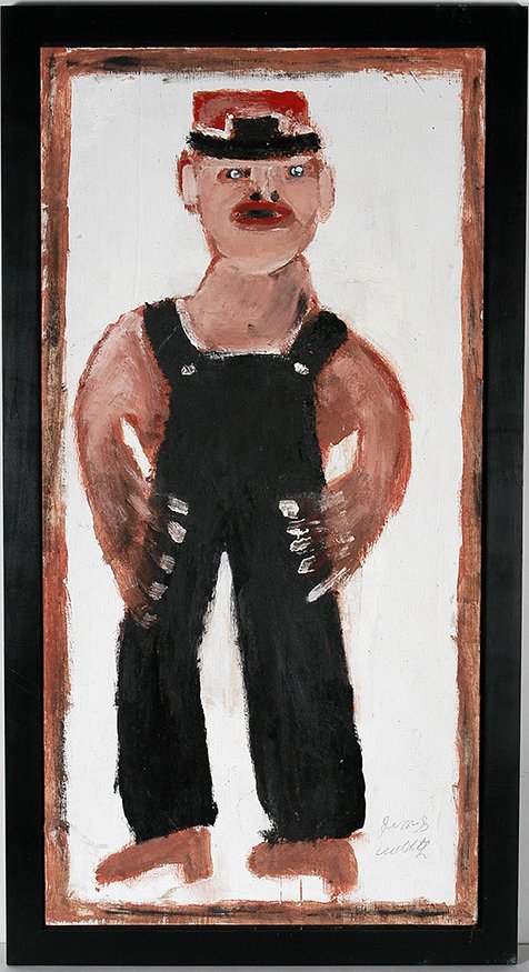 Jimmy Lee Sudduth. Self-Portrait.: Jimmy Lee Sudduth. Self-Portrait. Signed. Not dated. Mud and paint on board. Excellent condition. Size with frame is 28” x 52”. Est. $800-1,200. Ship; $150