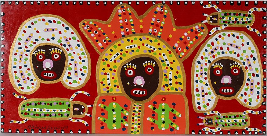 Richard Burnside. King w Queens & Bugs.: Richard Burnside. King With Two Queens & Bugs. Signed. Not dated. Paint on board. Excellent condition. 48” w x 24”h. Est. $500-800. Ship: $125