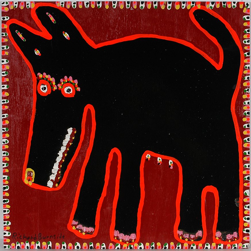 Richard Burnside. Black Cat.: Richard Burnside. Black Cat. Signed. Not dated. Paint and pine cone on board. Missing 2 cones on foot, otherwise great condition. 24” x 24”. Private collection. Est. $300-500. Ship: $45