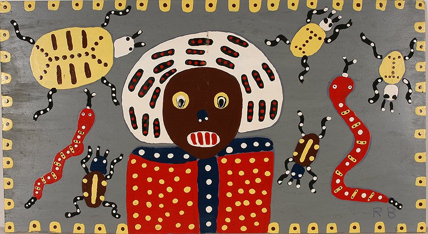 Richard Burnside. African Kings.: Richard Burnside. African Kings. 1989. Initialed. Paint on board. Rub in center, otherwise good condition. 39” w x 21”h. Est. $300-400. Ship: $85