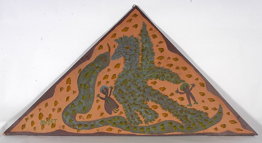 Mose Tolliver or Mose Attrib. Giant Bird.: Mose Tolliver or Mose Attrib. Giant Bird With Snake and Couple. Signed. Not dated. Paint on board. Lower left corner chipped, otherwise great condition. 54” w x 27”h. Private collection. Est. $800
