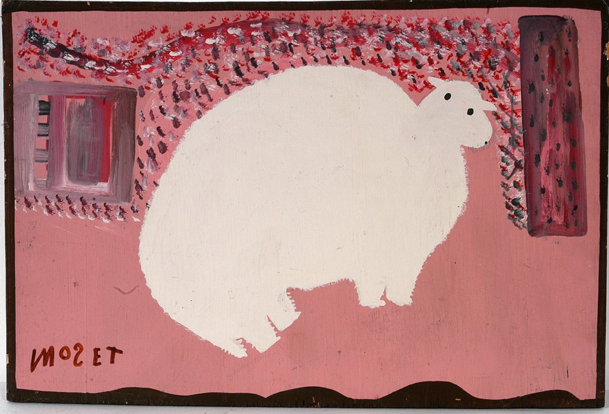 Mose Tolliver or Mose Attrib. Sheep.: Mose Tolliver or Mose Attrib. Sheep. Signed. Not dated, but early work. Paint on board. Rubs on edges, otherwise great condition. 22” w x 14”h. Est. $300-600. Ship: $35