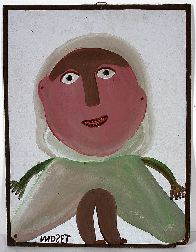Mose Tolliver. Moose Lady.: Mose Tolliver. Moose Lady. Signed. Not dated. Paint on found wooden panel. Some foxing, otherwise great condition. 16” w x 21”h. Est. $300-500. Ship: $45
