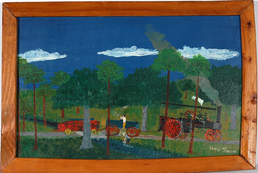 Frog Smith. Tractor In Pine Forest.: Frog Smith. Tractor In Pine Forest. Signed. Paint on found panel. Excellent condition. Size with frame is 24” w x 16”h . Est. $300-500. Ship: $45