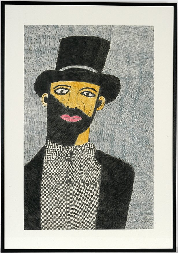 Martha Douglas. Bearded Man.: Martha Douglas. Bearded Man With Checkered Top. c. 1980. Oil pastels and pencil on paper. Excellent condition. Size with frame is 30” w x 42”h. Featured on page 64 & 65 of Wos Up Man. Est. $500-80
