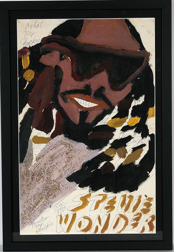 Artist Chuckie Williams. Wonder & Jordan.: Artist Chuckie Williams. Stevie Wonder & Michael Jordan. Double-sided. 1993. Signed, dated and titled. Paint, ink and glitter on paper. Excellent condition. 17” w x 25”h including frame. Est. $200