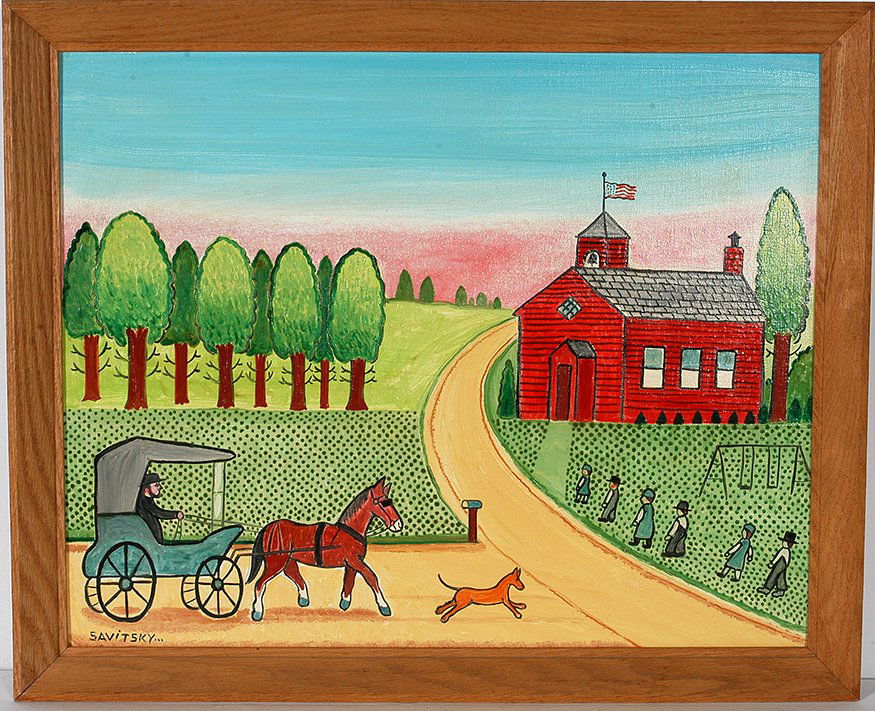 Jack Savitsky. Amish School House.: Jack Savitsky. Amish School House. Signed and titled on verso. Not dated. Oil on canvas board. Excellent condition. 20” w x 16”h. Est. $1,000-1,500. Ship: $45