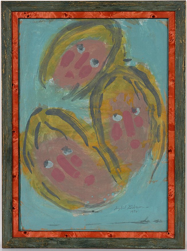 Sybil Gibson. 3 Blond Girls.: Sybil Gibson. Three Blond Girls. 1994. Signed and dated. Watercolor on found paper. Great condition. Size with frame is 20” w x 27”h. Est. $800-1,200. Ship: $65