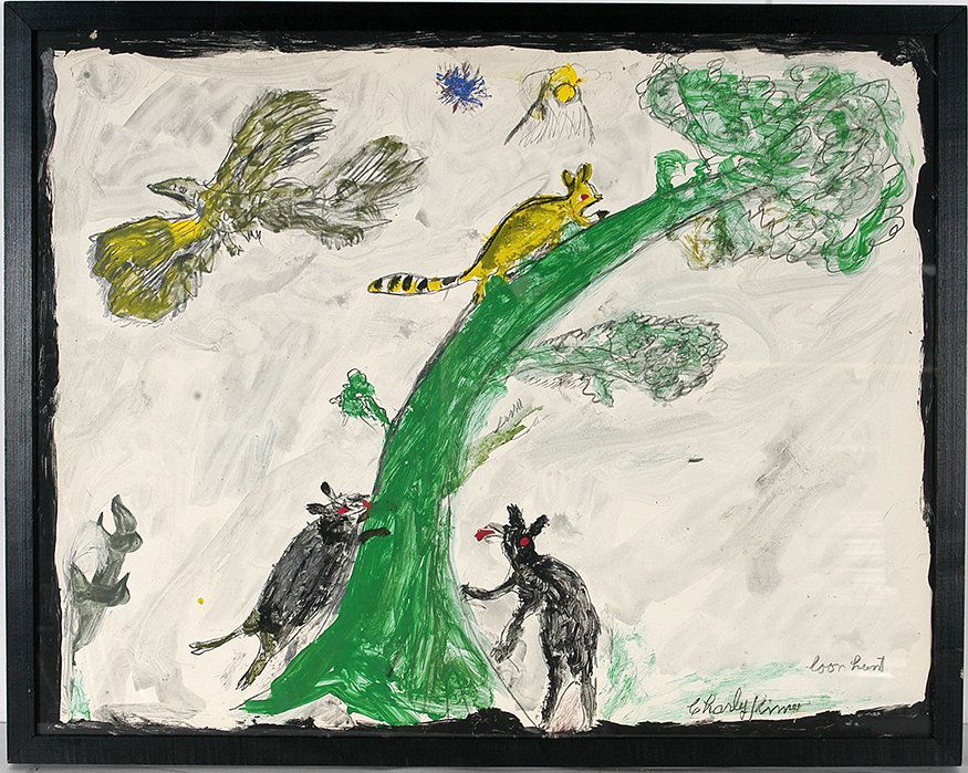 Charlie Kinney. Coon Hunt.: Charlie Kinney. Coon Hunt. Signed and titled. Not dated. Paint and graphite on poster. Excellent condition. 29” w x 23”h with frame. Est. $400-600. Ship: $65