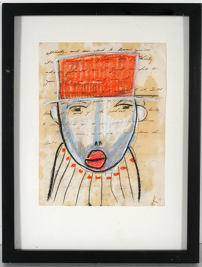 Karl Mullen. Portrait On Vintage Letter.: Karl Mullen. Portrait On Vintage Letter. Initialed. Not dated. Mixed media on paper. Excellent condition. Size with frame is 13” w x 17.5”h. Est. $300-500. Ship: $35