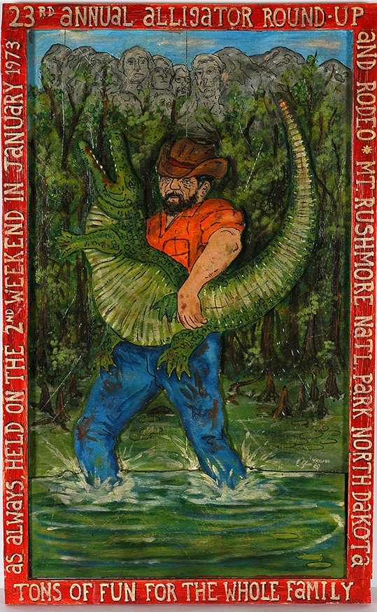 Eric Cunningham. Alligator Round Up.: Eric Cunningham. 23rd Anniversary Alligator Round Up. Signed and titled. Paint on board with attached cut out image attached. Excellent condition. 22” w x 36”h. Est. $300-500. Ship: $85