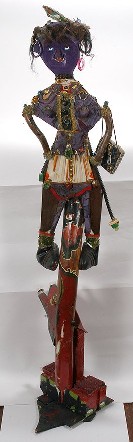 Derek Webster. Female Totem Sculpture.: Derek Webster. Two-Sided Female Totem Sculpture. Signed. Mixed media and found objects. Great condition. 63”h x 13”x 14”. Est. $200-400. Ship: $250