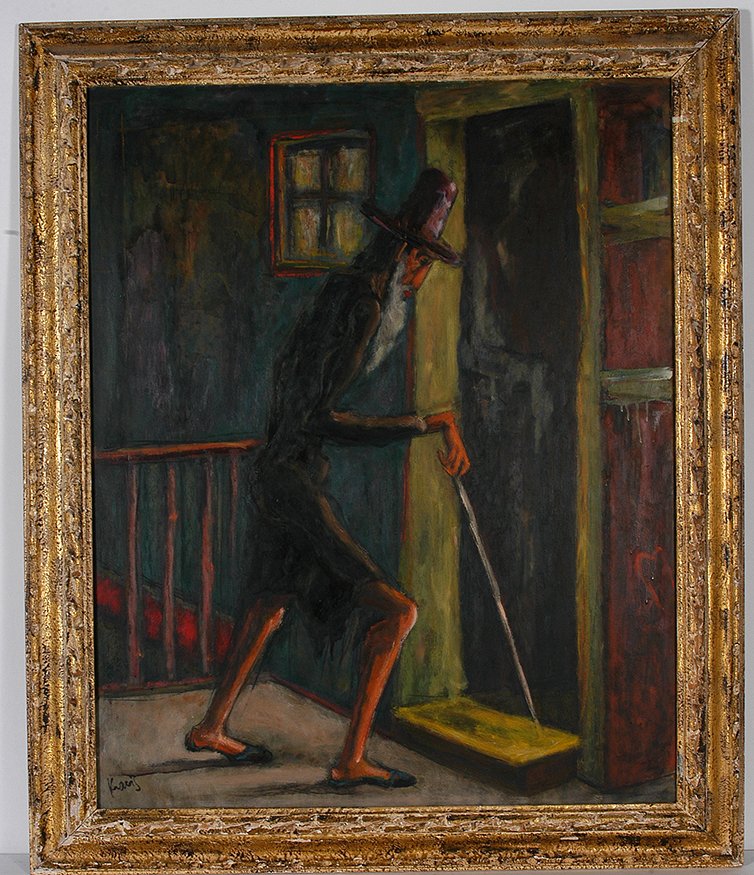 Hal Kravis. Old Man In Door.: Hal Kravis. Old Man In Door. Signed. Not dated. c. 1940’s. Oil on masonite. Great condition. Size with frame is 31” w x 37”h. Est. $500-800. Ship: $85