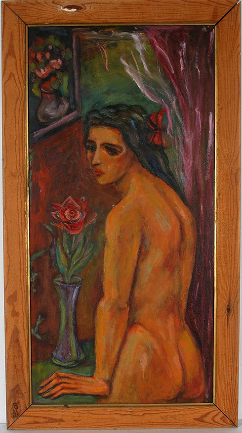 Hal Kravis. Nude w Single Rose.: Hal Kravis. Nude with Single Rose. c. 1940’s. Oil on masonite. Two paint flakes, otherwise great condition. Size with frame is 22” w x 40” h. Est. $500-800. Ship: $85