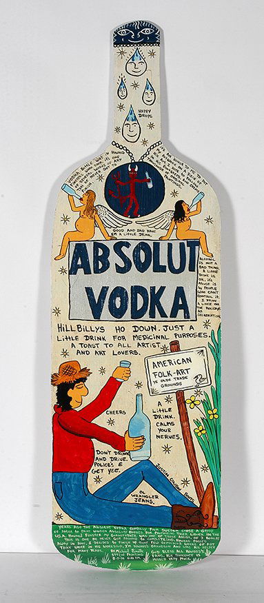 Michael & Howard Finster. Absolute Vodka.: Michael & Howard Finster. Absolute Vodka, #5,773. Howard cut out this form and started the piece for the Absolute Vodka Company, but never finished it. Michael found the partially finished work and fi
