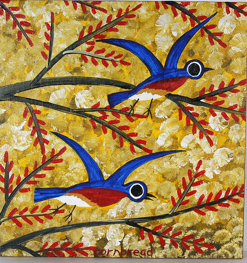 John Cornbread Anderson. Blue Bird.: John Cornbread Anderson. Blue Bird In The Maples. Signed and dated. Not dated. Oil on board. Excellent condition. 24” w x 25”h. Est. $300-500. Ship: $55
