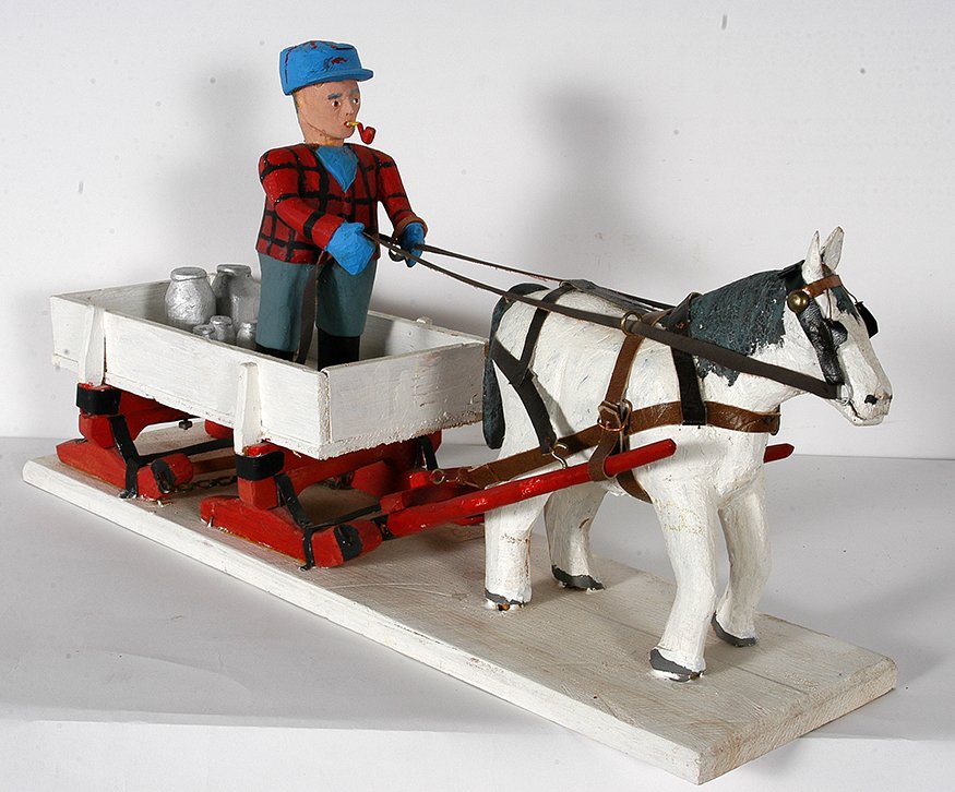 Elmer Killen.The Milkman.: Elmer Killen b. 1908-2000.The Milkman. 1997. Signed. Carved and painted wood and mixed media. Excellent condition. 6” x 12” x 23”. Est. $800-1,200. Ship: $100Nova Scotia artist.