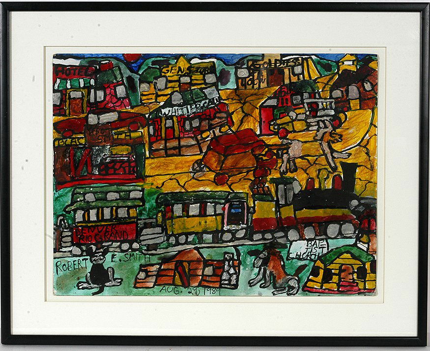Robert Smith. Denver To Rio Grand Train.: Robert Smith. Denver To Rio Grand Train. 1989. Signed and dated. Paint on poster. Great condition. Image is 20” w x 15”h. Frame is 26”w x 21”h. Est. $300-500. Ship: $55
