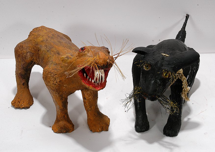 Minnie Black. Saber Tooth Tiger & Cat.: Minnie Black. Saber Tooth Tiger & Cat. 1991. Signed and dated. Mixed media and paint over gourds. Excellent condition. Largest is 22”long. Provenance: Minnie Black’s private family collection. Est