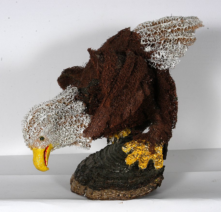 Minnie Black. Bald Eagle.: Minnie Black. Bald Eagle. Not signed. Gourds and natural sponge with paint attached to tree fungus. Great condition. 21” x 20” x 16”. Est. $300-600. Ship: $85