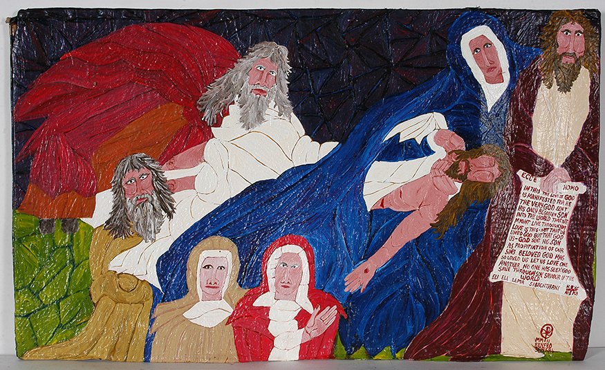 Eli Sabachthani. God Sent His Son.: Eli Sabachthani. God Sent His Son. Signed. Not dated. Oil on cloth, backed to cardboard. Strange and wonderful find. Great condition. 36” w x 22”h. Est. $200-400. Ship: $65