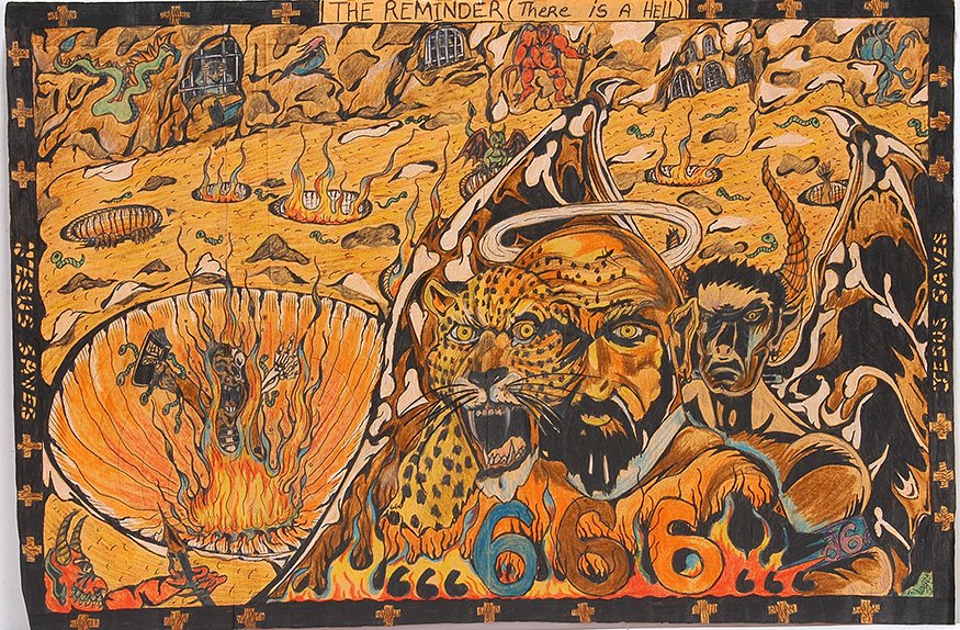 Clarence Douglas. The Reminder.: Clarence Douglas. The Reminder. 1997. Prison art. Signed, dated and titled. Ink and crayon on paper envelope. Great condition. 20” w x 13” h. Est. $100-200. Ship: $35