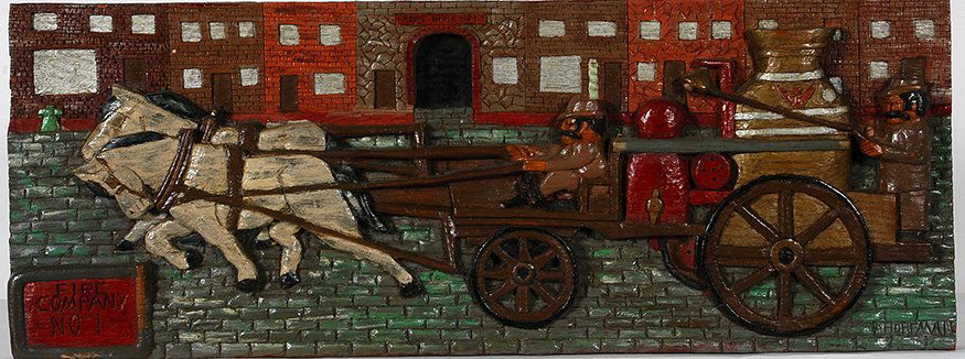 Albert Hoffman. Fire Company No. 1.: Albert Hoffman. Fire Company No. 1. 1971. Initialed and dated. Polychromed carved bas-relief. Excellent condition. 24.5” w x 9”h. Provenance: Luise Ross Gallery. Est. $500-800. Ship: $55