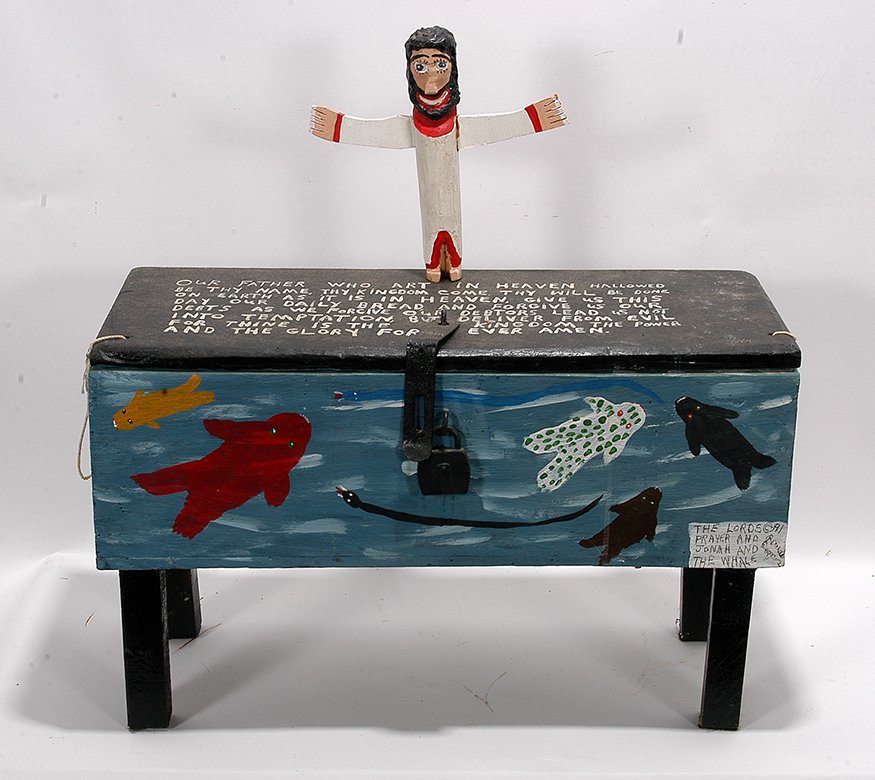 Jessie & Ronald Cooper. Jonah Toolbox.: Jessie & Ronald Cooper. Jonah & The Whale Toolbox. 1991. Signed and dated. Paint and carved wood inside tool box. Excellent condition. 11” x 26”x 17”. Est. $300-500. Ship: $125