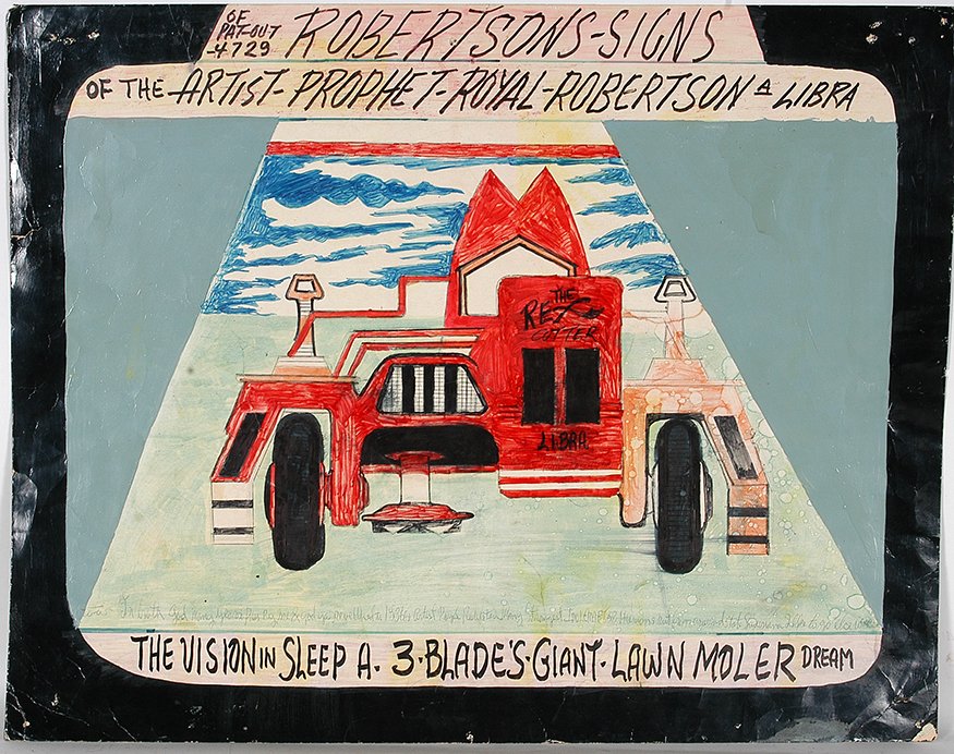 Prophet Royal Robertson. Rex Cutter.: Prophet Royal Robertson. The Rex Cutter & Calendar. Double-sided. 1993. Paint and marker on poster. Multiple nail holes in corners, otherwise good condition. 28” w x 22”h. Est. $200-400. Ship: $55